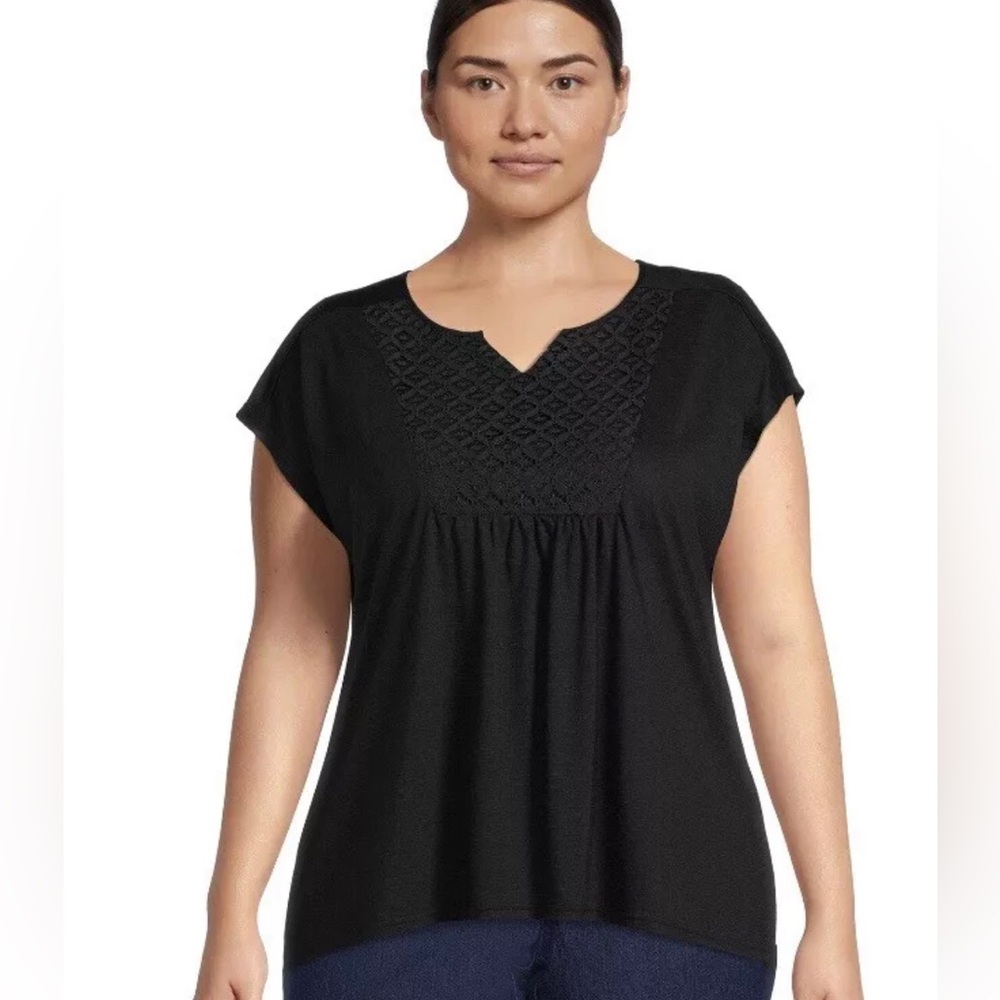 COPY - REAL SIZE  Womens Semi Loose Top Size 4X Black Crocheted Neckline NWOT